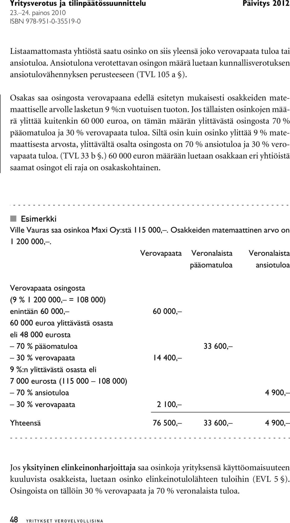 Osakas saa osingosta verovapaana edellä esitetyn mukaisesti osakkeiden matemaattiselle arvolle lasketun 9 %:n vuotuisen tuoton.