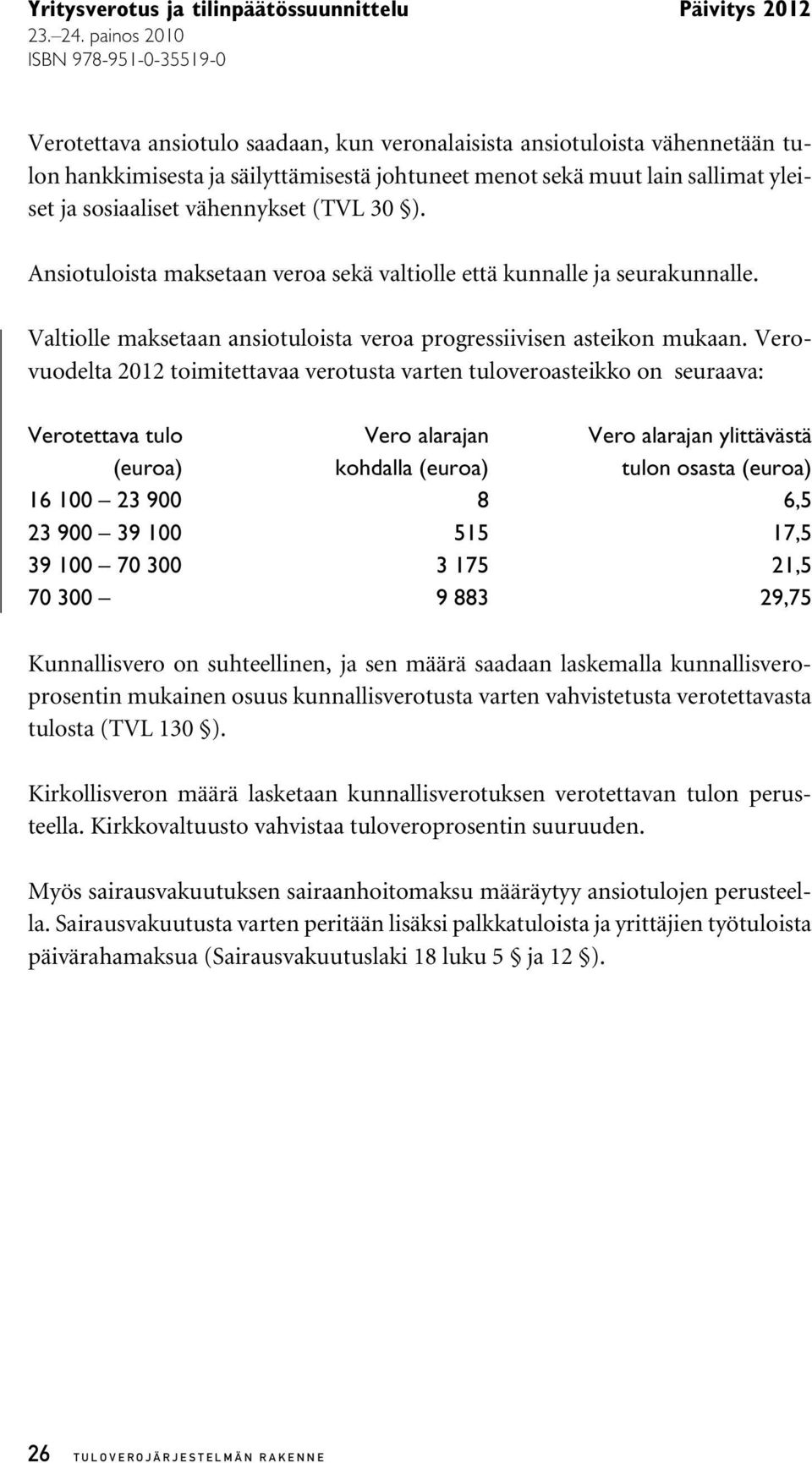 Verovuodelta 2012 toimitettavaa verotusta varten tuloveroasteikko on seuraava: Verotettava tulo Vero alarajan Vero alarajan ylittävästä (euroa) kohdalla (euroa) tulon osasta (euroa) 16 100 23 900 8