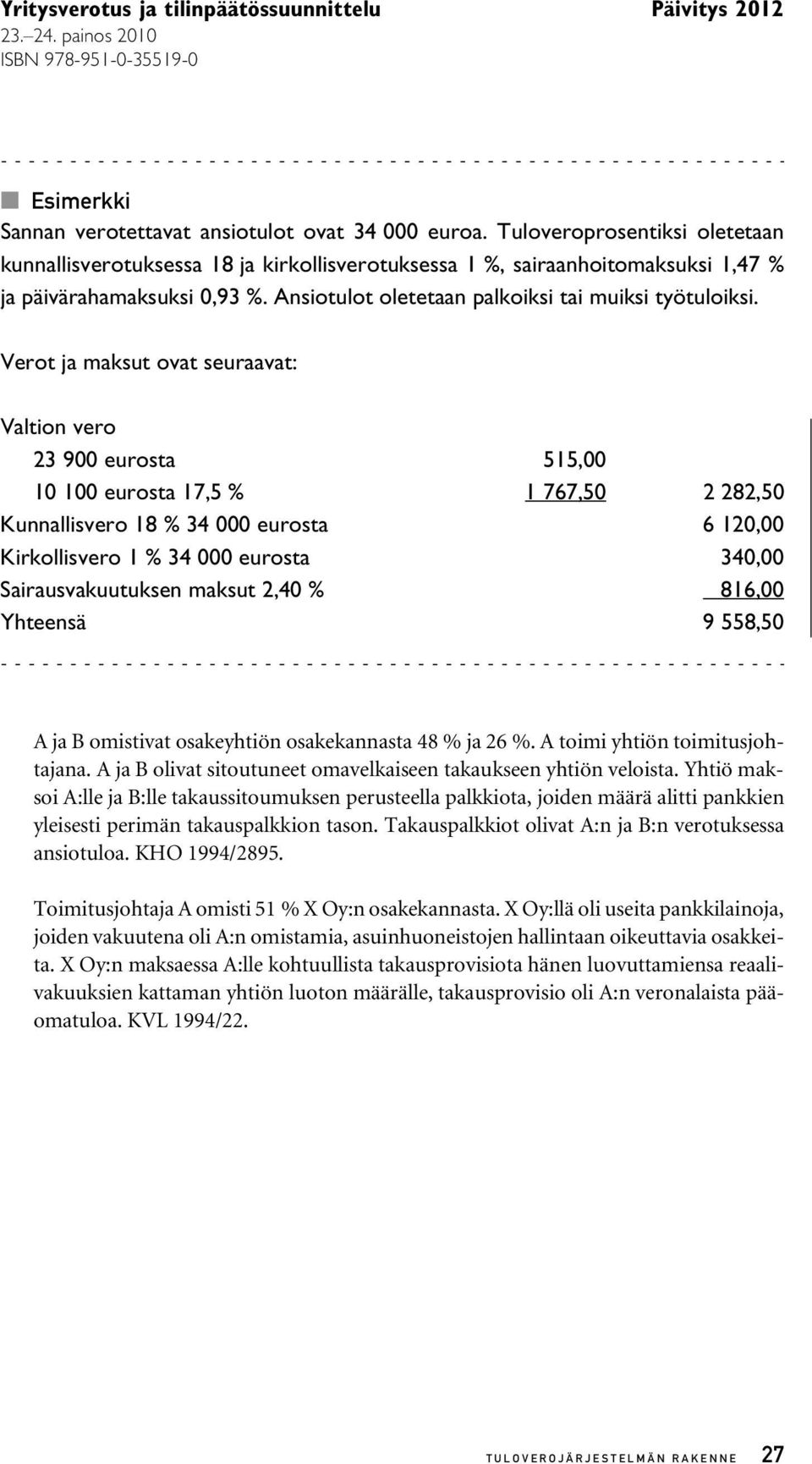 Verot ja maksut ovat seuraavat: Valtion vero 23 900 eurosta 515,00 10 100 eurosta 17,5 % 1 767,50 2 282,50 Kunnallisvero 18 % 34 000 eurosta 6 120,00 Kirkollisvero 1 % 34 000 eurosta 340,00