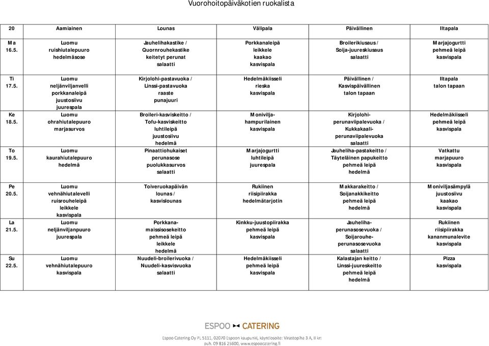 18.5. 19.5. neljänviljanvelli Kirjolohi-pastavuoka Linssi-pastavuoka punajuuri Broileri-kasviskeitto fu-kasviskeitto luhtileipä Pinaattiohukaiset perunasose Moniviljahampurilainen