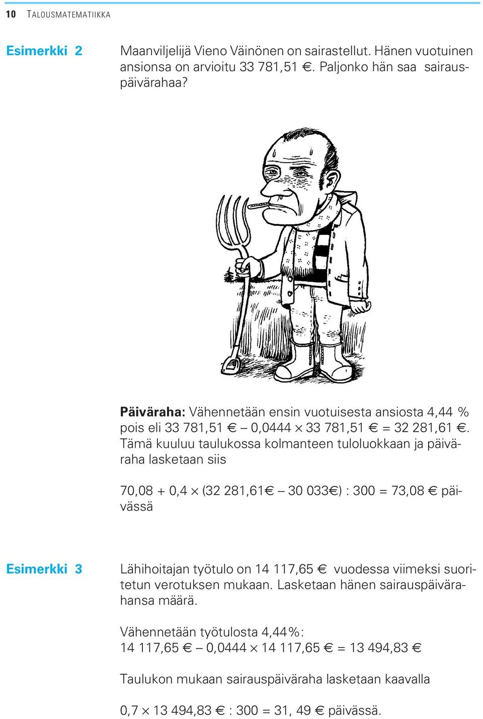 Tämä kuuluu taulukossa kolmanteen tuloluokkaan ja päiväraha lasketaan siis 70,08 + 0,4 (32 281,61 30 033 ) : 300 = 73,08 päivässä Esimerkki 3 Lähihoitajan työtulo on 14