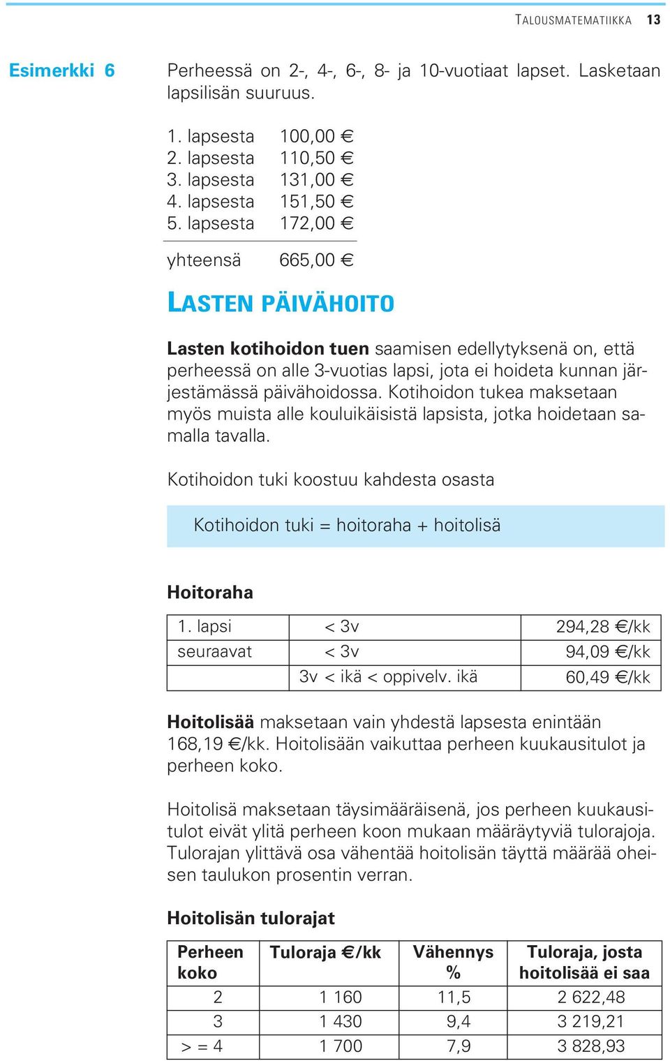 Kotihoidon tukea maksetaan myös muista alle kouluikäisistä lapsista, jotka hoidetaan samalla tavalla. Kotihoidon tuki koostuu kahdesta osasta Kotihoidon tuki = hoitoraha + hoitolisä Hoitoraha 1.