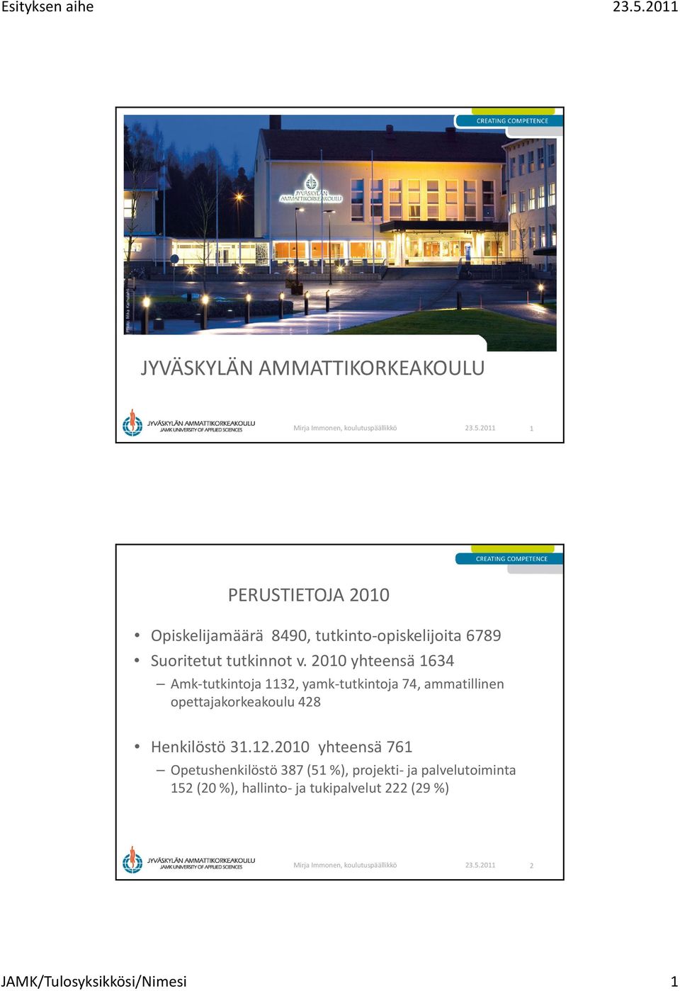 2010 yhteensä 1634 Amk tutkintoja 1132, yamk tutkintoja 74, ammatillinen opettajakorkeakoulu 428 Henkilöstö 31.12.