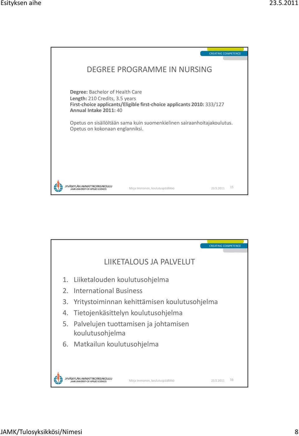 suomenkielinen sairaanhoitajakoulutus. Opetus on kokonaan englanniksi. 15 LIIKETALOUS JA PALVELUT 1. Liiketalouden koulutusohjelma 2.