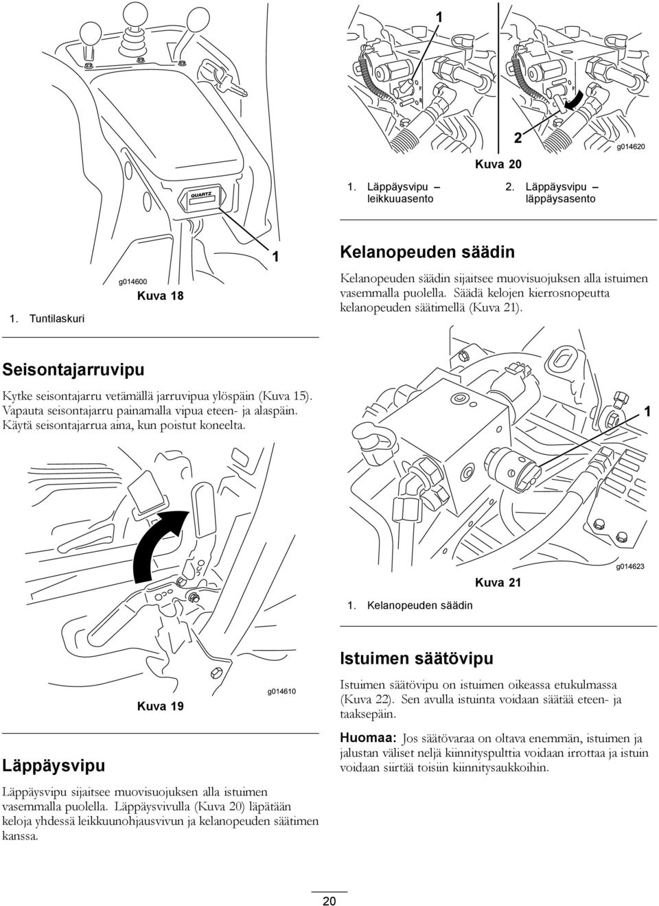 Käytä seisontajarrua aina, kun poistut koneelta. Kuva 2 g04623. Kelanopeuden säädin Läppäysvipu Kuva 9 g046 0 Läppäysvipu sijaitsee muovisuojuksen alla istuimen vasemmalla puolella.