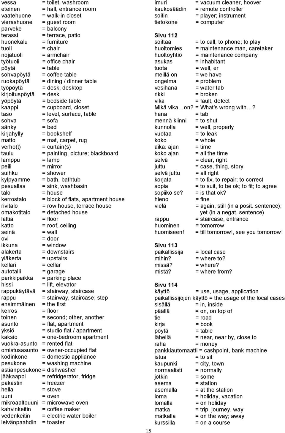 closet taso = level, surface, table sohva = sofa sänky = bed kirjahylly = bookshelf matto = mat, carpet, rug verho(t) = curtain(s) taulu = painting, picture; blackboard lamppu = lamp peili = mirror