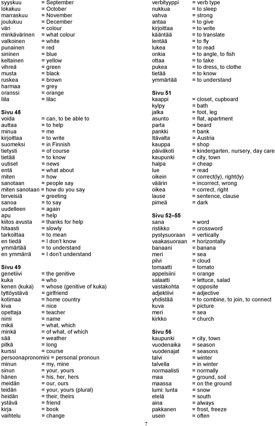 of course tietää = to know uutiset = news entä = what about miten = how sanotaan = people say miten sanotaan = how do you say terveisiä = greeting sanoa = to say uudelleen = again apu = help kiitos