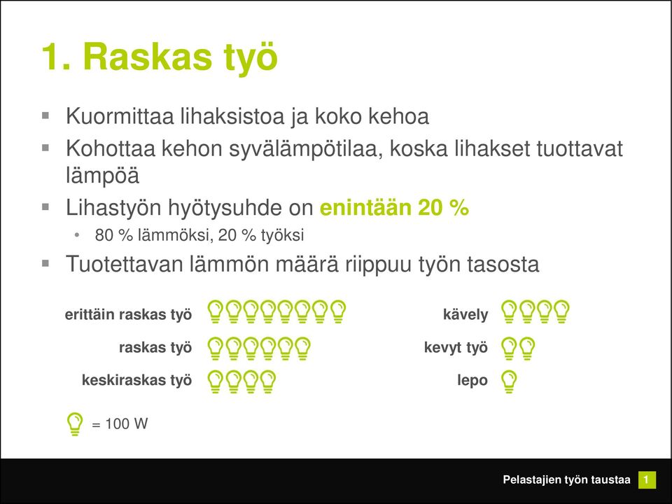 enintään 20 % 80 % lämmöksi, 20 % työksi Tuotettavan lämmön määrä riippuu
