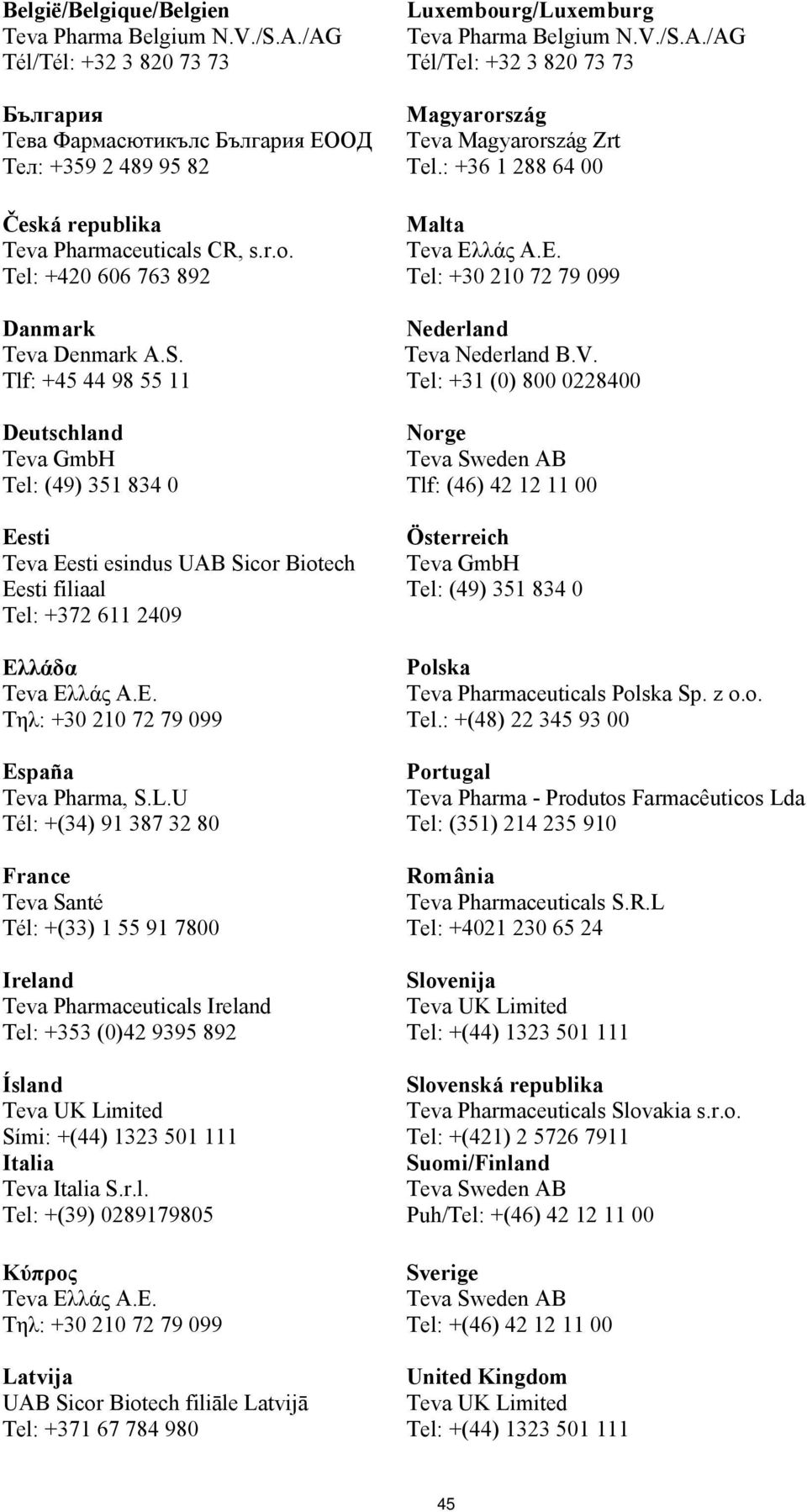 Tlf: +45 44 98 55 11 Deutschland Teva GmbH Tel: (49) 351 834 0 Eesti Teva Eesti esindus UAB Sicor Biotech Eesti filiaal Tel: +372 611 2409 Ελλάδα Teva Ελλάς Α.Ε. Τηλ: +30 210 72 79 099 España Teva Pharma, S.