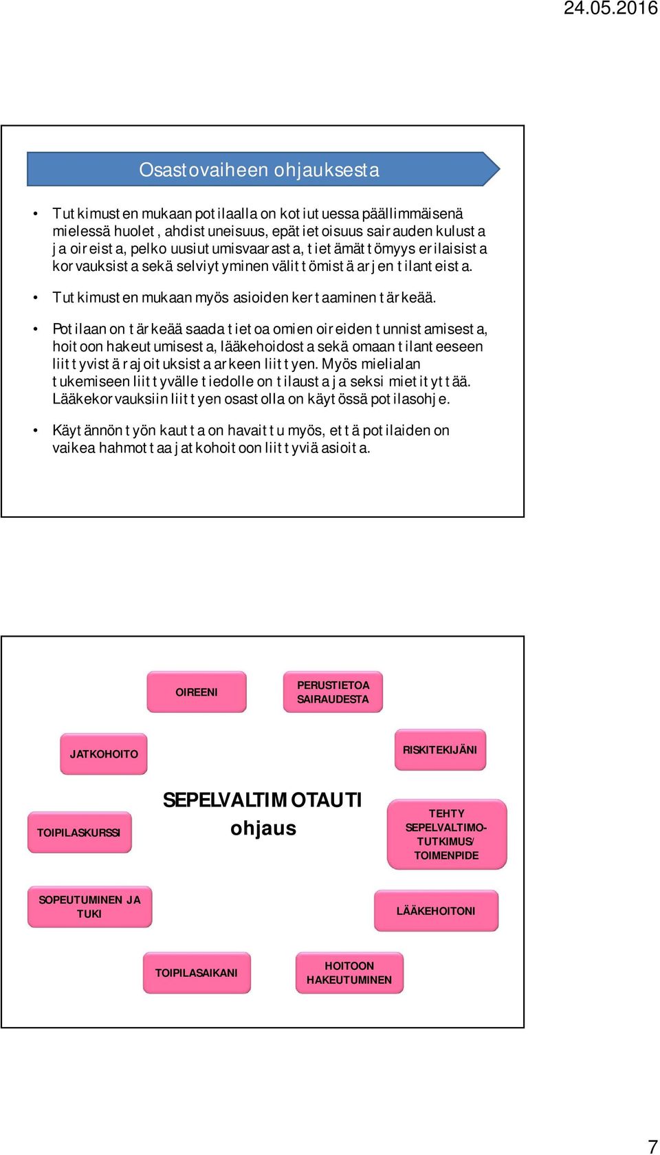 Potilaan on tärkeää saada tietoa omien oireiden tunnistamisesta, hoitoon hakeutumisesta, lääkehoidosta sekä omaan tilanteeseen liittyvistä rajoituksista arkeen liittyen.