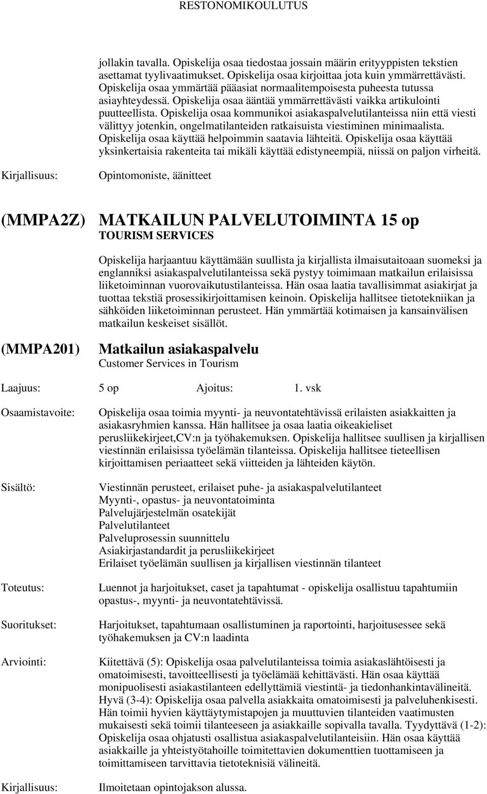 Opiskelija osaa kommunikoi asiakaspalvelutilanteissa niin että viesti välittyy jotenkin, ongelmatilanteiden ratkaisuista viestiminen minimaalista. Opiskelija osaa käyttää helpoimmin saatavia lähteitä.