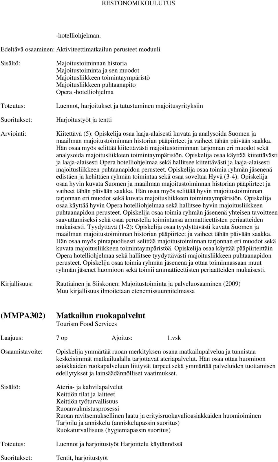 -hotelliohjelma Luennot, harjoitukset ja tutustuminen majoitusyrityksiin Harjoitustyöt ja tentti Kiitettävä (5): Opiskelija osaa laaja-alaisesti kuvata ja analysoida Suomen ja maailman