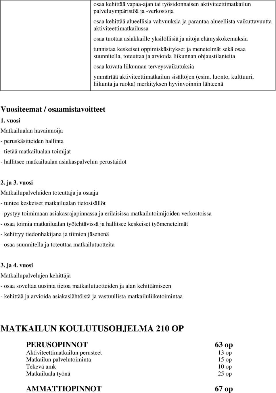 kuvata liikunnan terveysvaikutuksia ymmärtää aktiviteettimatkailun sisältöjen (esim. luonto, kulttuuri, liikunta ja ruoka) merkityksen hyvinvoinnin lähteenä Vuositeemat / osaamistavoitteet 1.