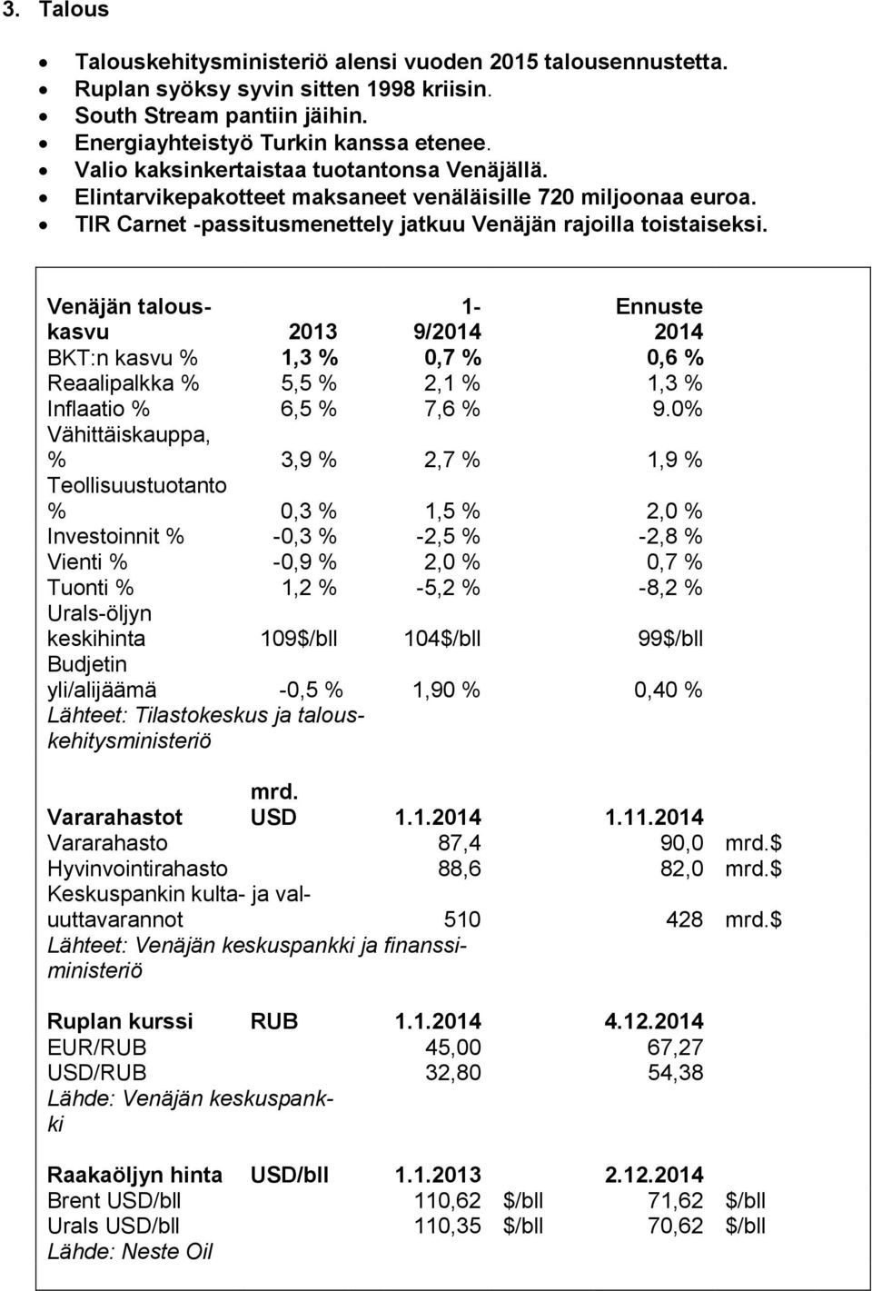 Venäjän talouskasvu 2013 1-9/2014 Ennuste 2014 BKT:n kasvu % 1,3 % 0,7 % 0,6 % Reaalipalkka % 5,5 % 2,1 % 1,3 % Inflaatio % 6,5 % 7,6 % 9.