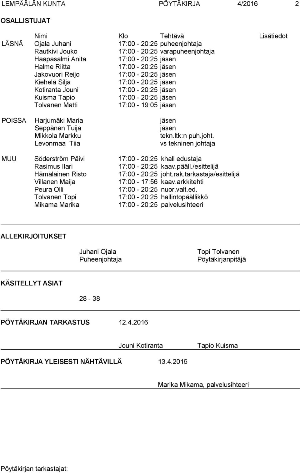 jäsen POISSA Harjumäki Maria jäsen Seppänen Tuija jäsen Mikkola Markku tekn.ltk:n puh.joht.