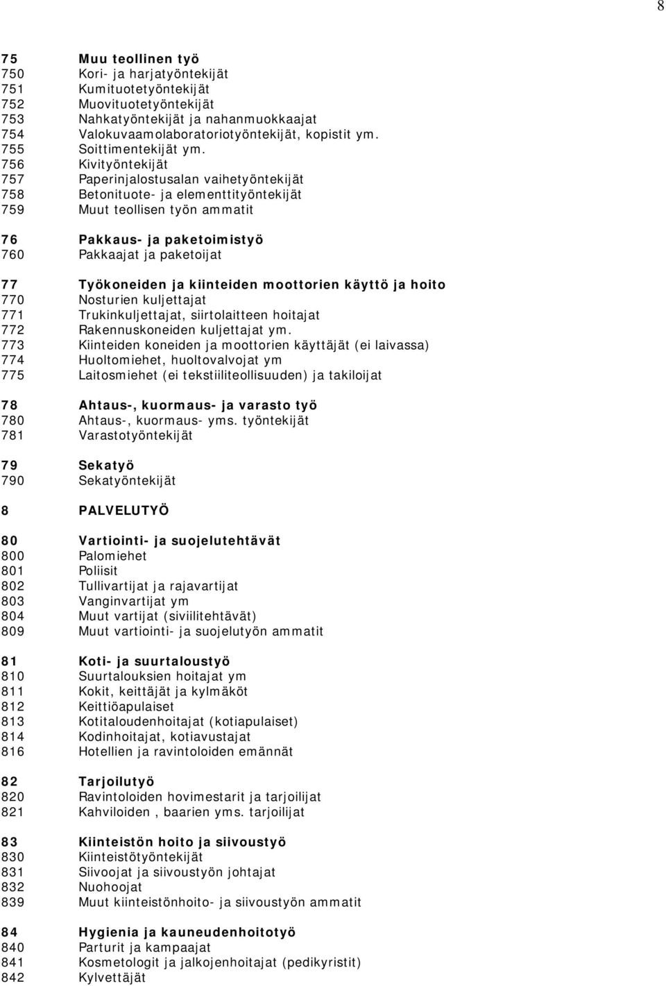 756 Kivityöntekijät 757 Paperinjalostusalan vaihetyöntekijät 758 Betonituote- ja elementtityöntekijät 759 Muut teollisen työn ammatit 76 Pakkaus- ja paketoimistyö 760 Pakkaajat ja paketoijat 77