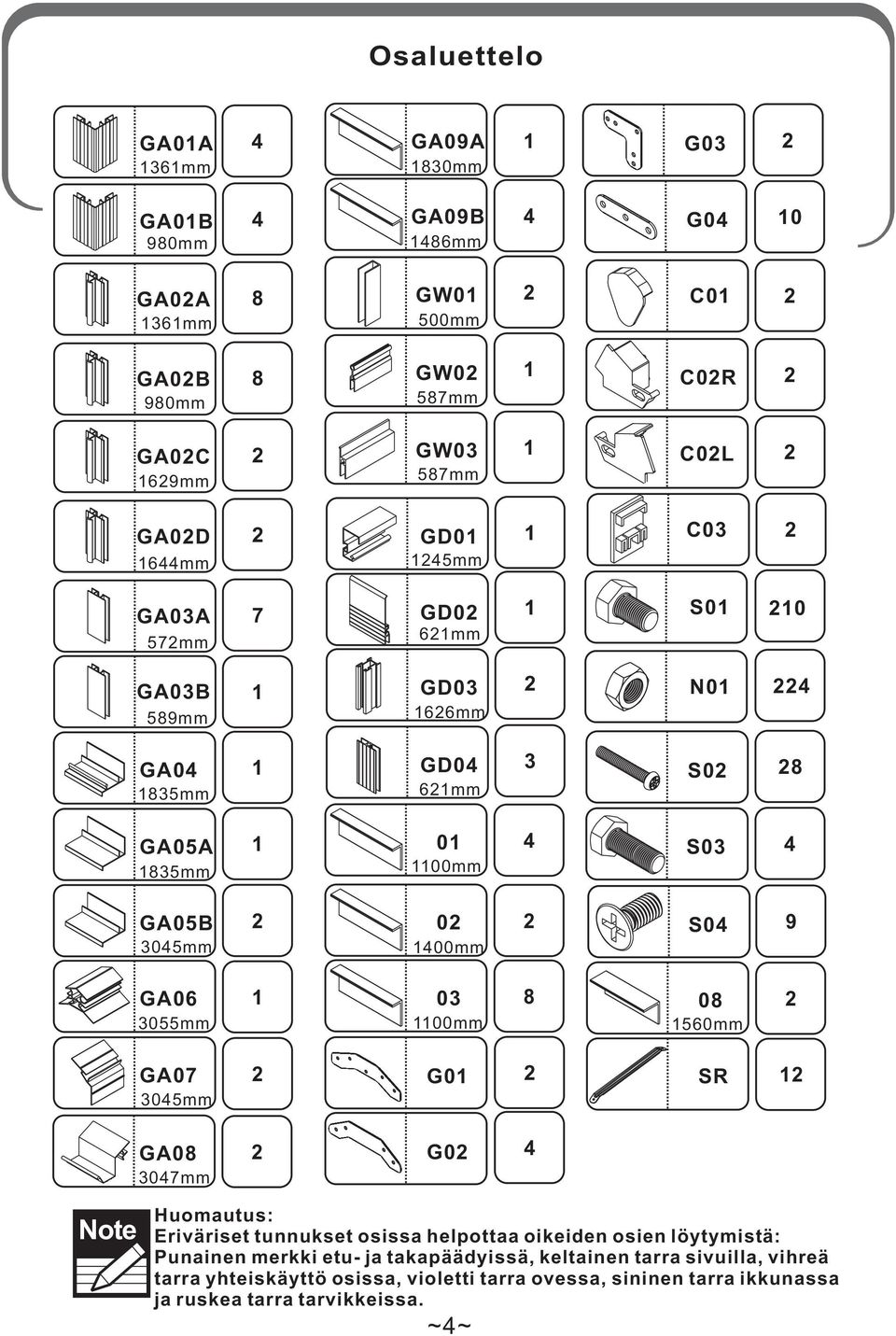 1400mm S04 9 GA06 3055mm 1 03 8 1100mm 08 1560mm 3045mm G01 SR 1 GA08 3047mm G0 4 Note Huomutus: Eriväriset tunnukset osiss helpott oikeiden osien