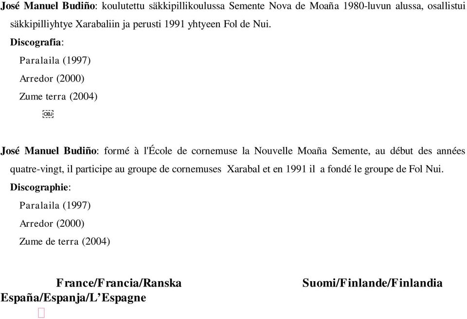 Discografia: Paralaila (1997) Arredor (2000) Zume terra (2004) José Manuel Budiño: formé à l'école de cornemuse la Nouvelle Moaña Semente, au