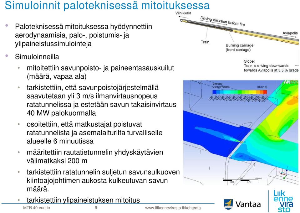 takaisinvirtaus 40 MW palokuormalla osoitettiin, että matkustajat poistuvat ratatunnelista ja asemalaiturilta turvalliselle alueelle 6 minuutissa määritettiin rautatietunnelin