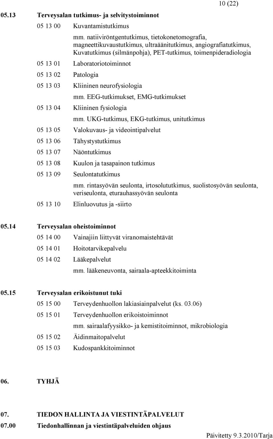 Laboratoriotoiminnot 05 13 02 Patologia 05 13 03 Kliininen neurofysiologia mm. EEG tutkimukset, EMG tutkimukset 05 13 04 Kliininen fysiologia mm.