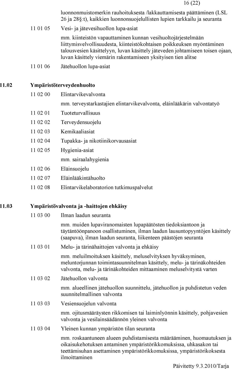 ojaan, luvan käsittely viemärin rakentamiseen yksityisen tien alitse 11 01 06 Jätehuollon lupa asiat 11.02 Ympäristöterveydenhuolto 11 02 00 Elintarvikevalvonta mm.