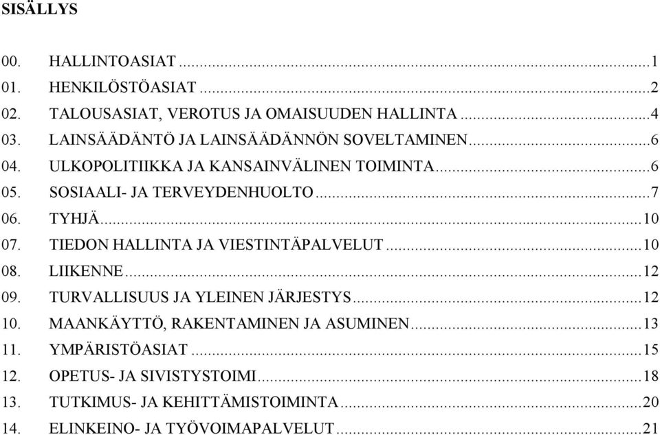 TYHJÄ... 10 07. TIEDON HALLINTA JA VIESTINTÄPALVELUT... 10 08. LIIKENNE... 12 09. TURVALLISUUS JA YLEINEN JÄRJESTYS... 12 10.