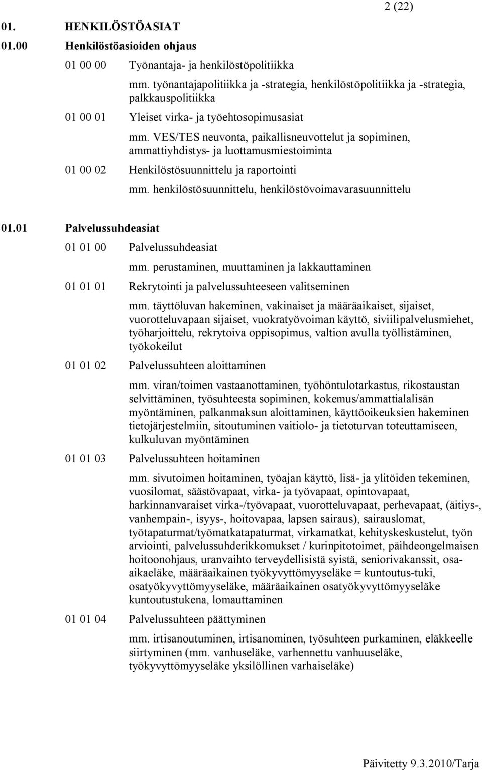 VES/TES neuvonta, paikallisneuvottelut ja sopiminen, ammattiyhdistys ja luottamusmiestoiminta 01 00 02 Henkilöstösuunnittelu ja raportointi mm.