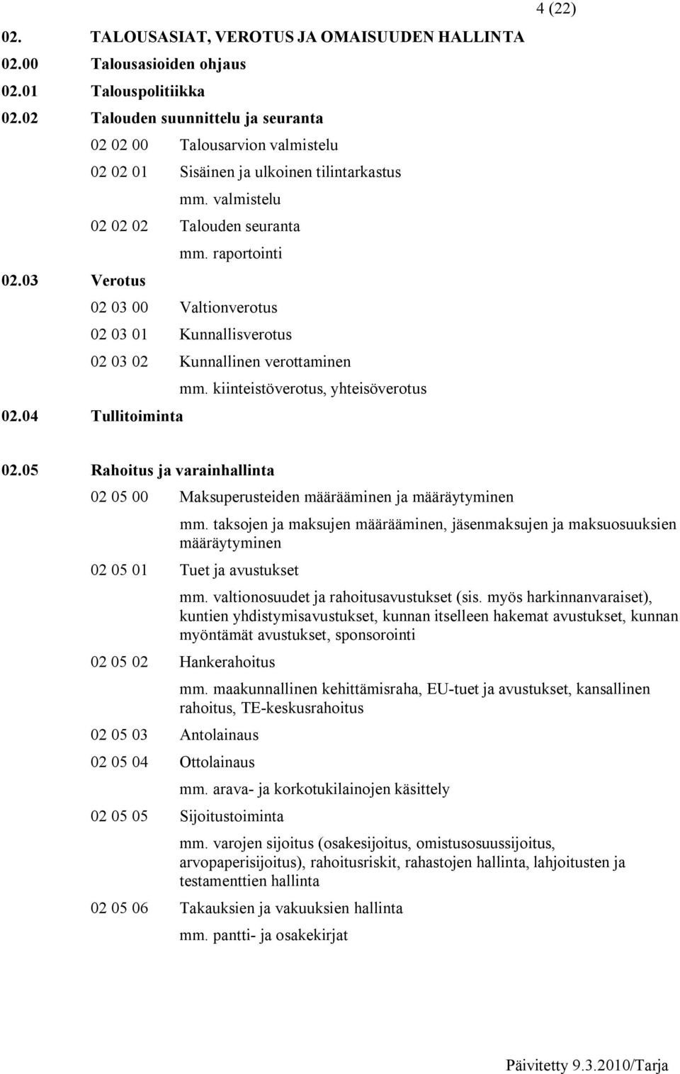 03 Verotus 02 03 00 Valtionverotus 02 03 01 Kunnallisverotus 02 03 02 Kunnallinen verottaminen mm. kiinteistöverotus, yhteisöverotus 02.04 Tullitoiminta 4 (22) 02.