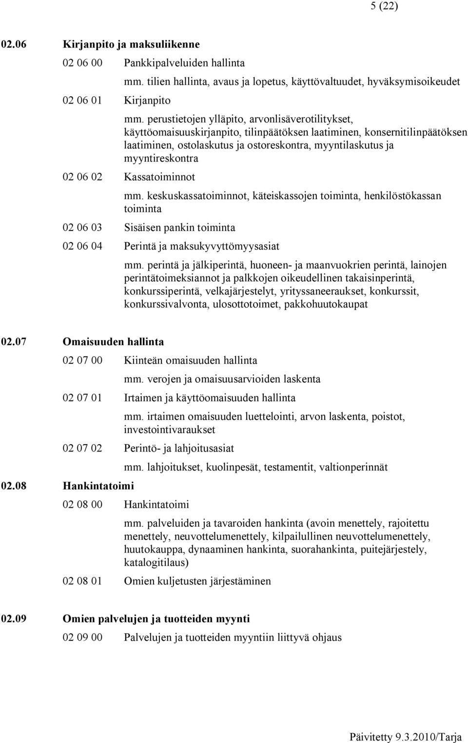 myyntireskontra 02 06 02 Kassatoiminnot mm. keskuskassatoiminnot, käteiskassojen toiminta, henkilöstökassan toiminta 02 06 03 Sisäisen pankin toiminta 02 06 04 Perintä ja maksukyvyttömyysasiat mm.