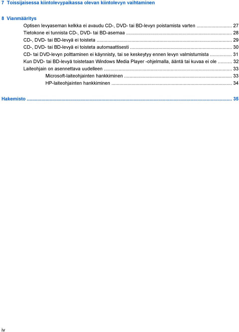 .. 30 CD- tai DVD-levyn polttaminen ei käynnisty, tai se keskeytyy ennen levyn valmistumista.