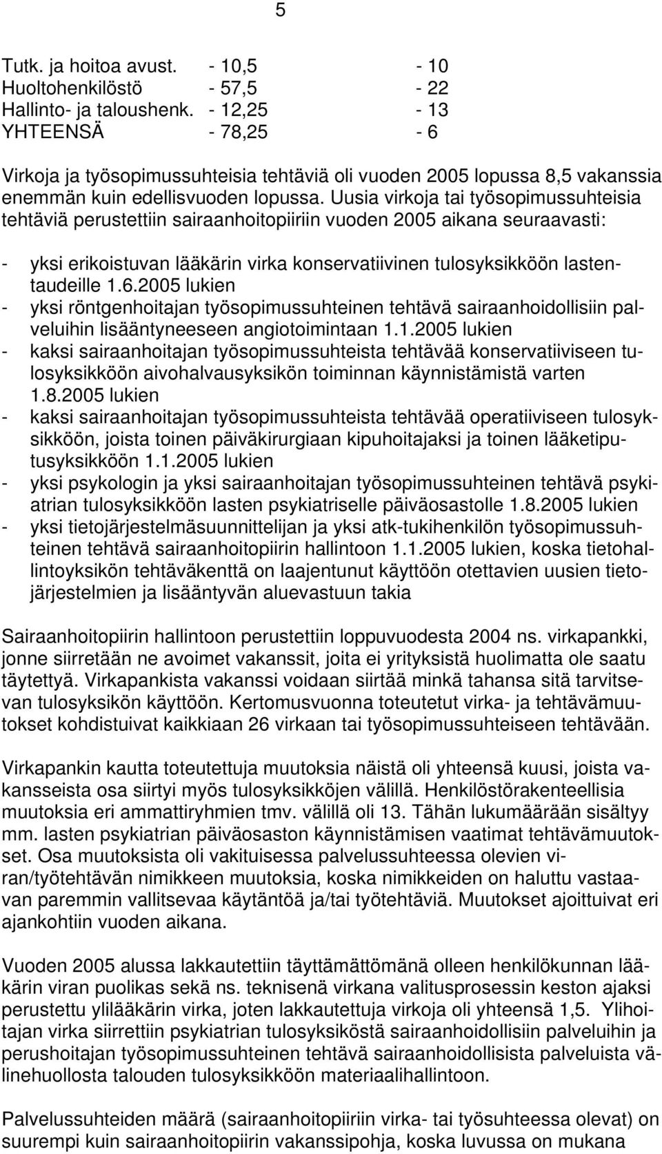 Uusia virkoja tai työsopimussuhteisia tehtäviä perustettiin sairaanhoitopiiriin vuoden 2005 aikana seuraavasti: - yksi erikoistuvan lääkärin virka konservatiivinen tulosyksikköön lastentaudeille 1.6.