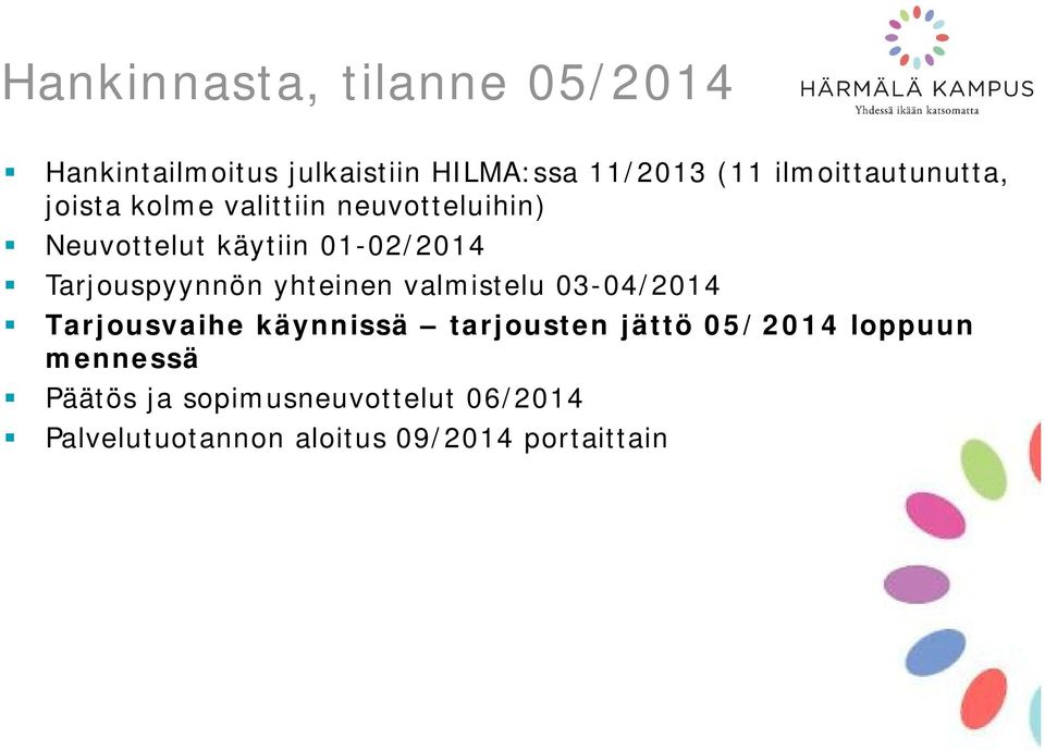 Tarjouspyynnön yhteinen valmistelu 03-04/2014 Tarjousvaihe käynnissä tarjousten jättö