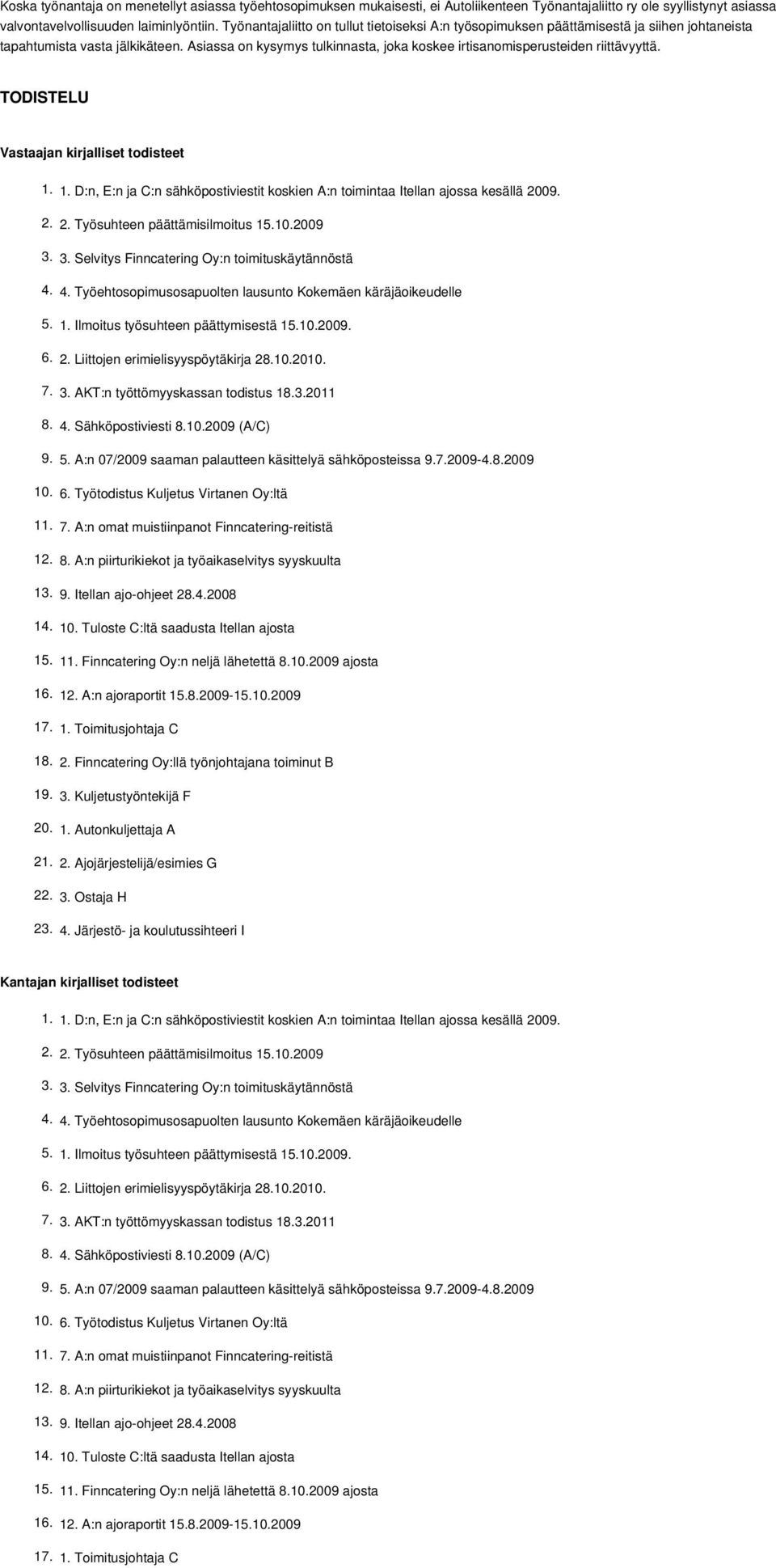 Asiassa on kysymys tulkinnasta, joka koskee irtisanomisperusteiden riittävyyttä. TODISTELU Vastaajan kirjalliset todisteet 1.