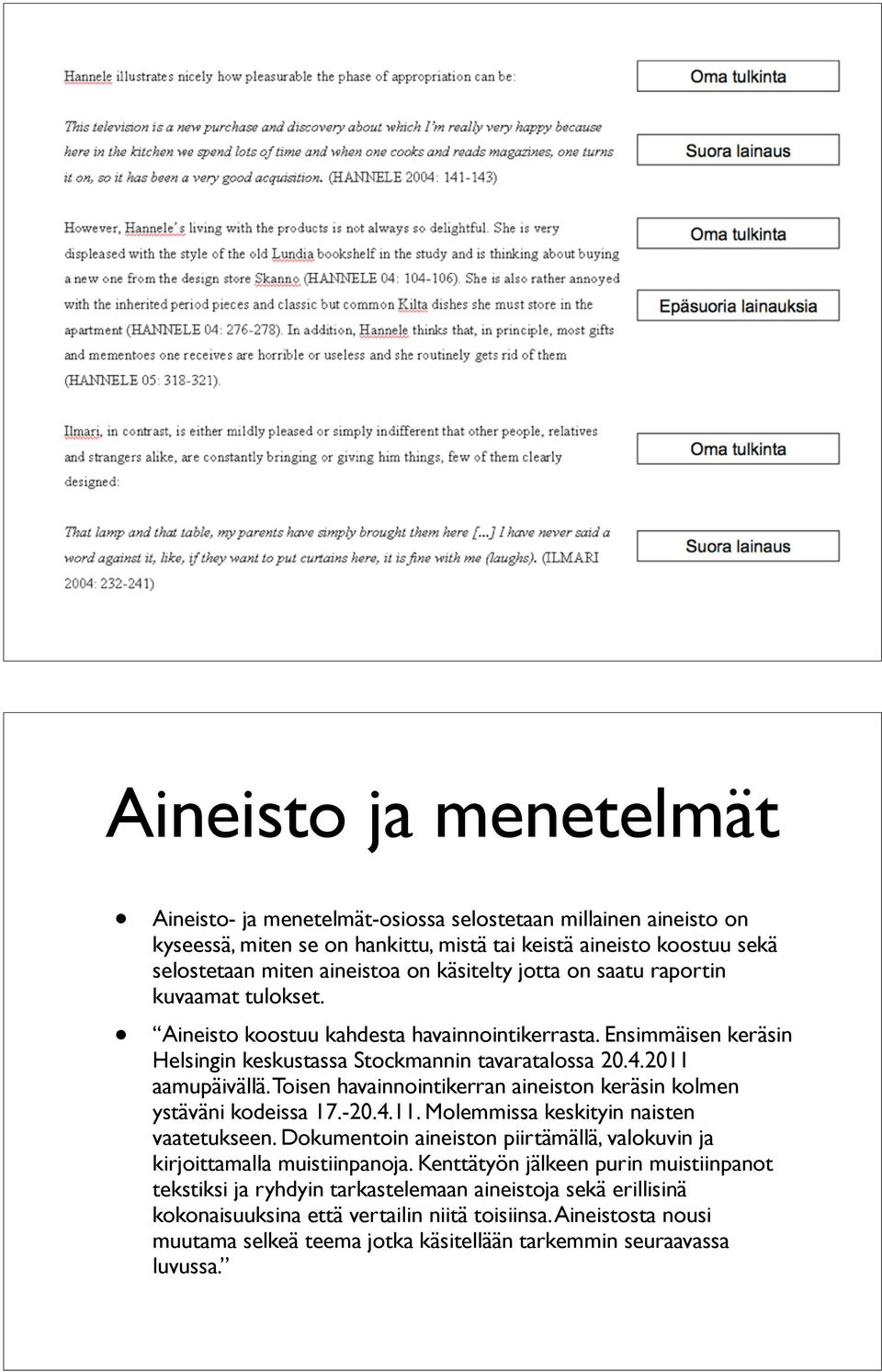 Toisen havainnointikerran aineiston keräsin kolmen ystäväni kodeissa 17.-20.4.11. Molemmissa keskityin naisten vaatetukseen.