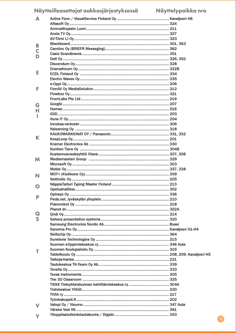 .. 322B ECDL Finland Oy... 334 Electro Waves Oy... 335 e-oppi Oy... 206 FinnAV Oy MediaSolution... 212 Flowbox Oy... 321 FromLabs Pte Ltd... 219 Google... 207 Humac... 216 idid... 203 Ilona IT Oy.