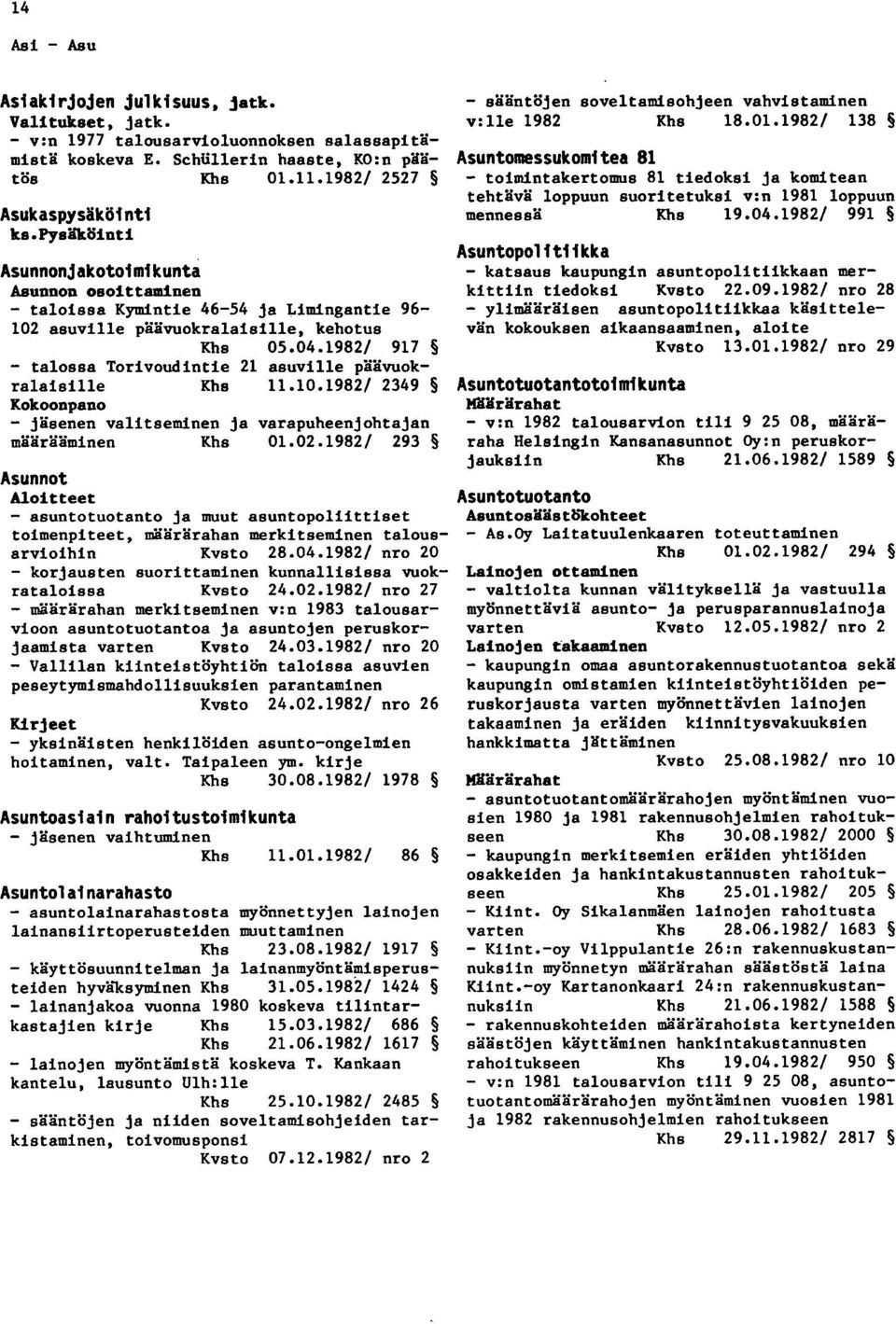 1982/ 917 - talossa Torivoudintie 21 asuville päävuokralaisille 11.10.1982/ 2349 Kokoonpano - jäsenen valitseminen ja varapuheenjohtajan määrääminen 01.02.