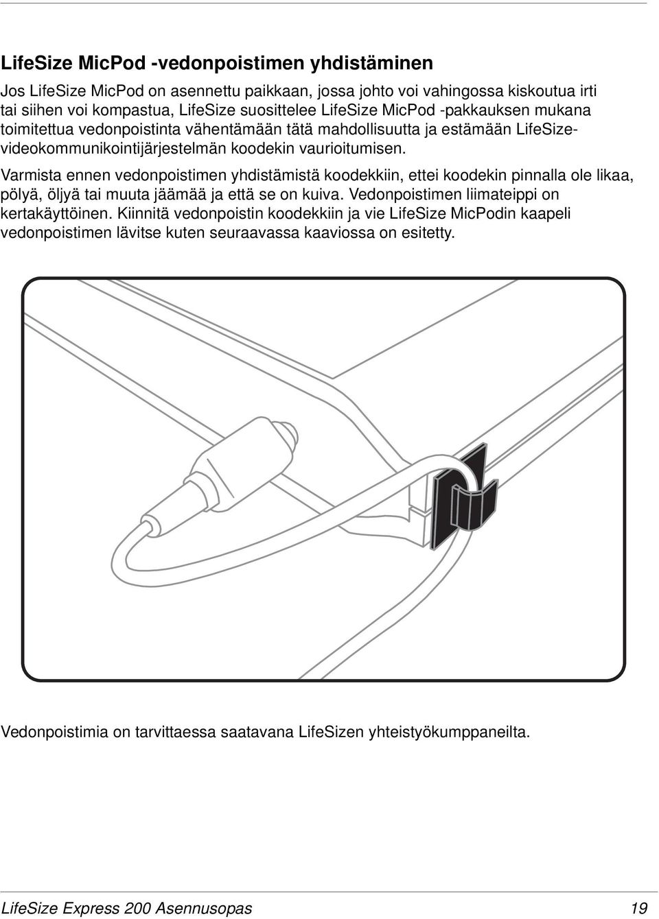 Varmista ennen vedonpoistimen yhdistämistä koodekkiin, ettei koodekin pinnalla ole likaa, pölyä, öljyä tai muuta jäämää ja että se on kuiva. Vedonpoistimen liimateippi on kertakäyttöinen.