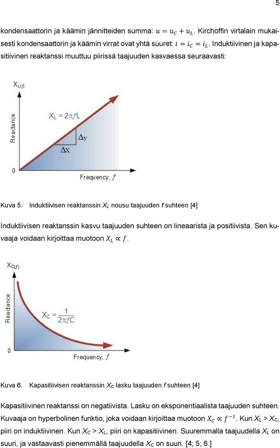 Induktiivisen reaktanssin X L nousu taajuuden f suhteen [4] Induktiivisen reaktanssin kasvu taajuuden suhteen on lineaarista ja positiivista. Sen kuvaaja voidaan kirjoittaa muotoon X L f. Kuva 6.