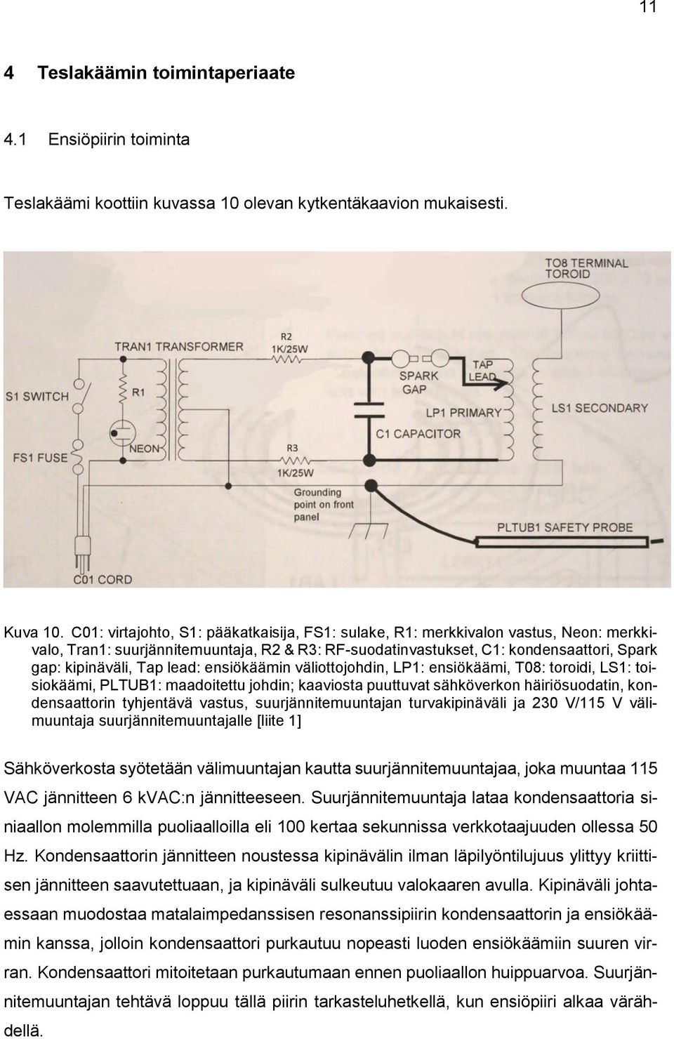 lead: ensiökäämin väliottojohdin, LP1: ensiökäämi, T08: toroidi, LS1: toisiokäämi, PLTUB1: maadoitettu johdin; kaaviosta puuttuvat sähköverkon häiriösuodatin, kondensaattorin tyhjentävä vastus,