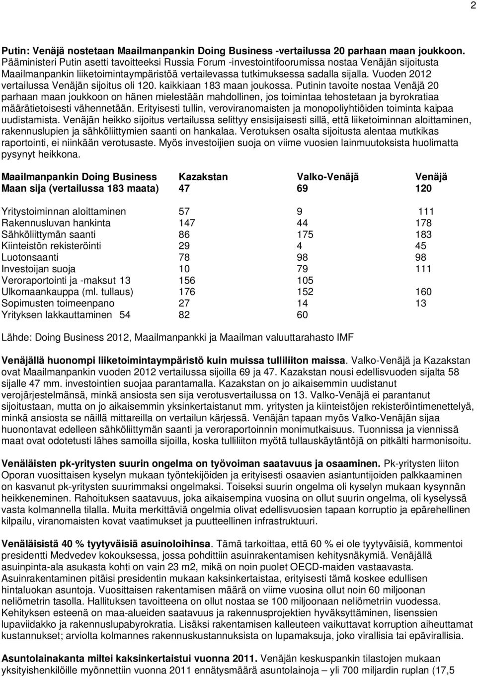 Vuoden 2012 vertailussa Venäjän sijoitus oli 120. kaikkiaan 183 maan joukossa.