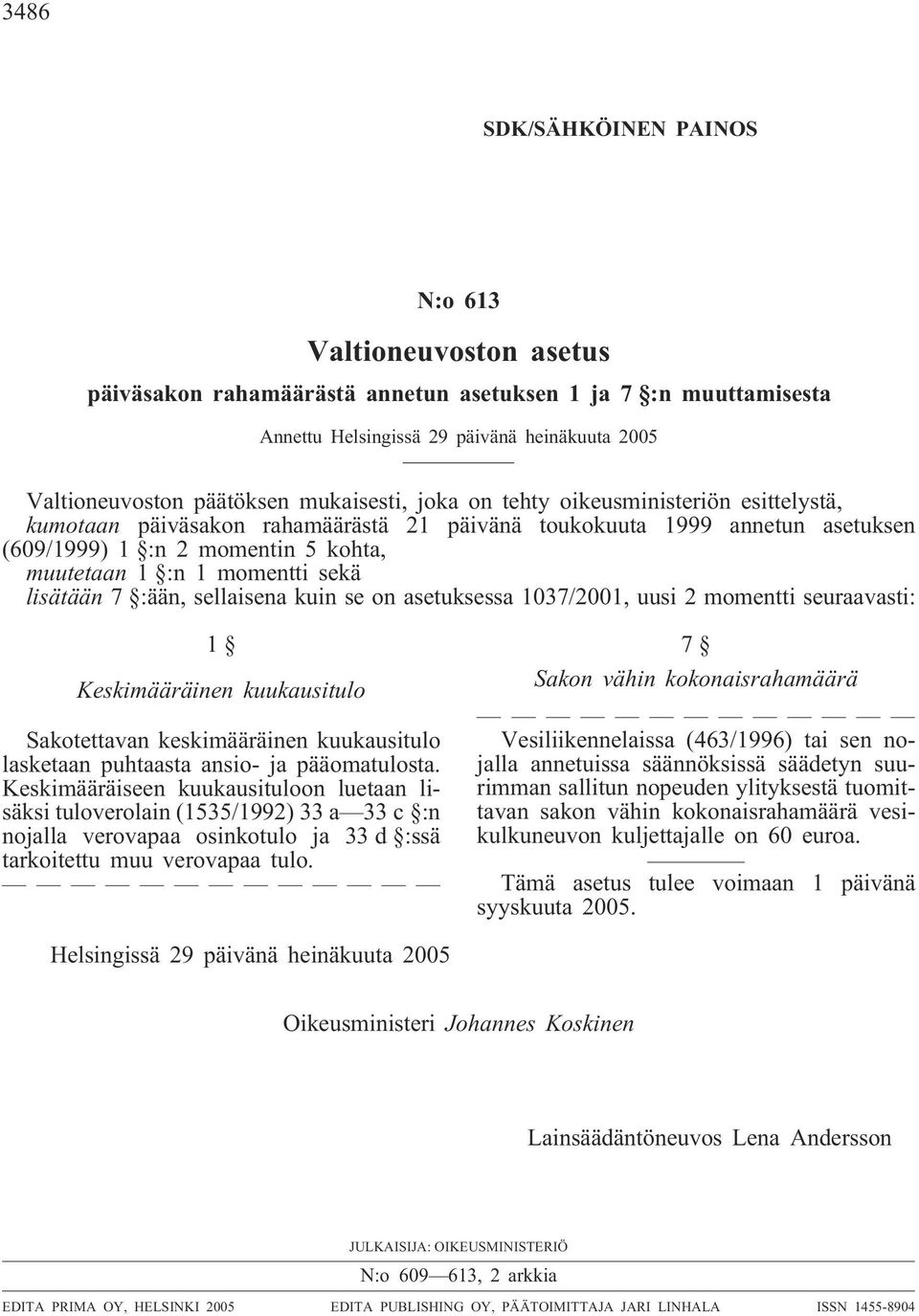 sekä lisätään 7 :ään, sellaisena kuin se on asetuksessa 1037/2001, uusi 2 momentti seuraavasti: 1 Keskimääräinen kuukausitulo Sakotettavan keskimääräinen kuukausitulo lasketaan puhtaasta ansio- ja