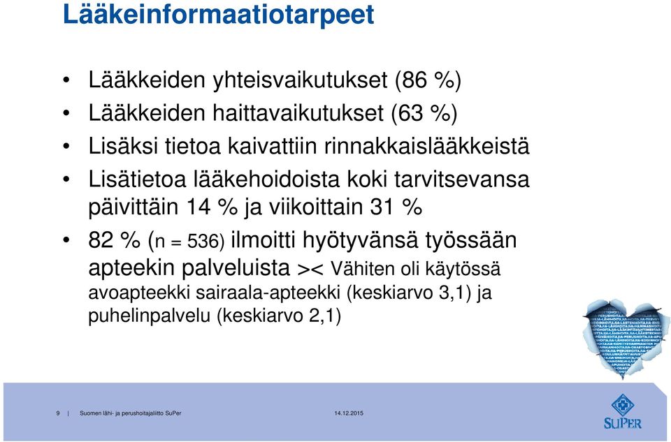 viikoittain 31 % 82 % (n = 536) ilmoitti hyötyvänsä työssään apteekin palveluista >< Vähiten oli käytössä