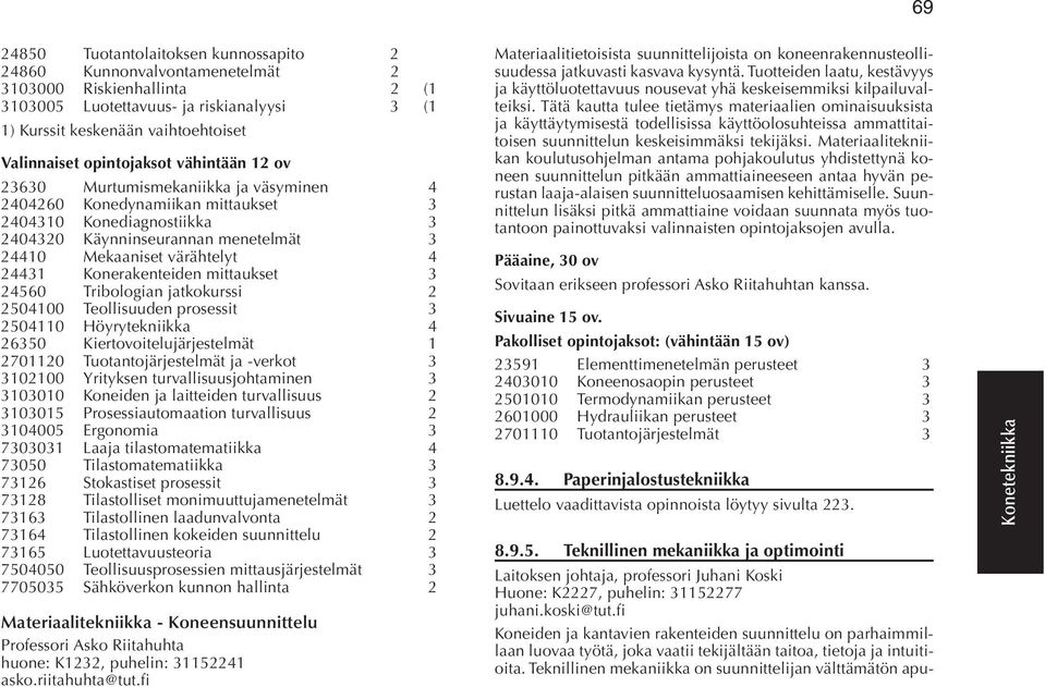 4 24431 Konerakenteiden mittaukset 3 24560 Tribologian jatkokurssi 2 2504100 Teollisuuden prosessit 3 2504110 Höyrytekniikka 4 26350 Kiertovoitelujärjestelmät 1 2701120 Tuotantojärjestelmät ja
