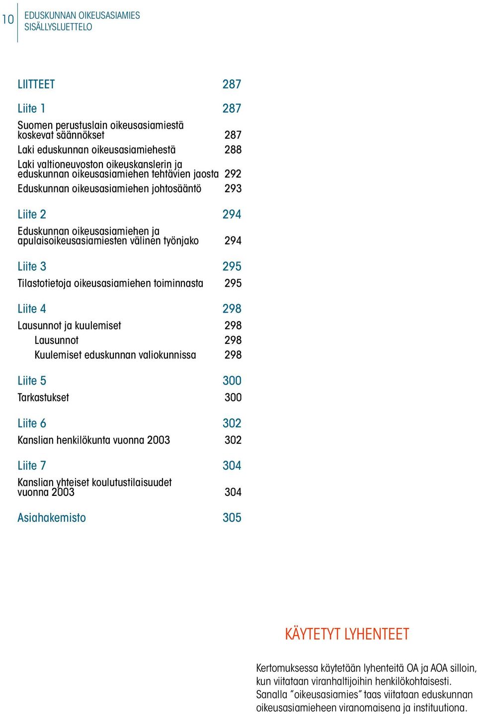 294 Liite 3 295 Tilastotietoja oikeusasiamiehen toiminnasta 295 Liite 4 298 Lausunnot ja kuulemiset 298 Lausunnot 298 Kuulemiset eduskunnan valiokunnissa 298 Liite 5 300 Tarkastukset 300 Liite 6 302