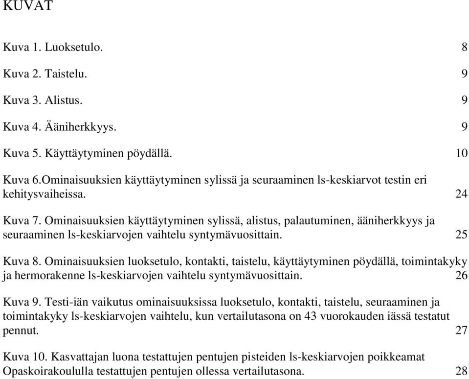 Ominaisuuksien käyttäytyminen sylissä, alistus, palautuminen, ääniherkkyys ja seuraaminen ls-keskiarvojen vaihtelu syntymävuosittain. 25 Kuva 8.