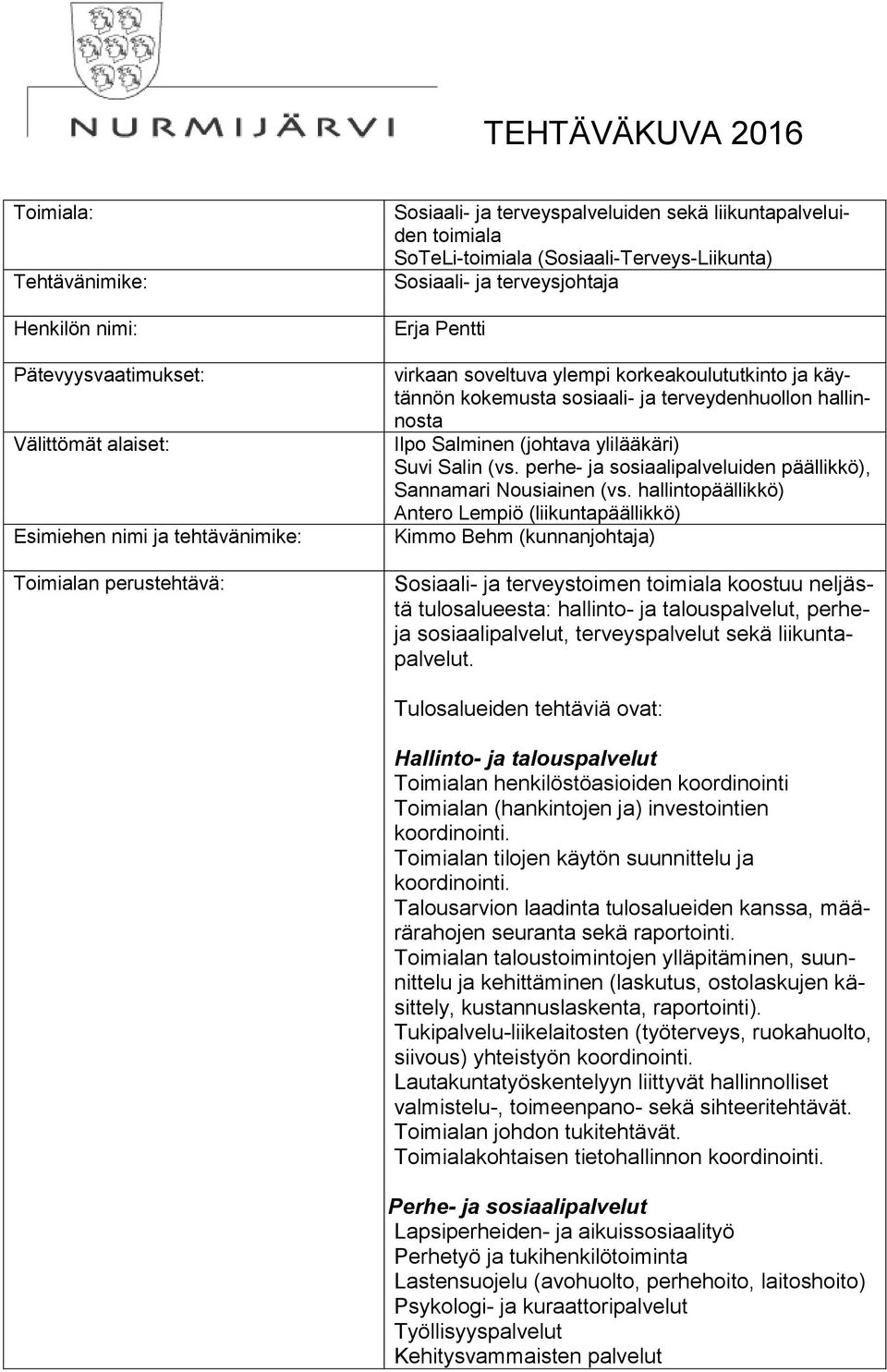 terveydenhuollon hallinnosta Ilpo Salminen (johtava ylilääkäri) Suvi Salin (vs. perhe- ja sosiaalipalveluiden päällikkö), Sannamari Nousiainen (vs.