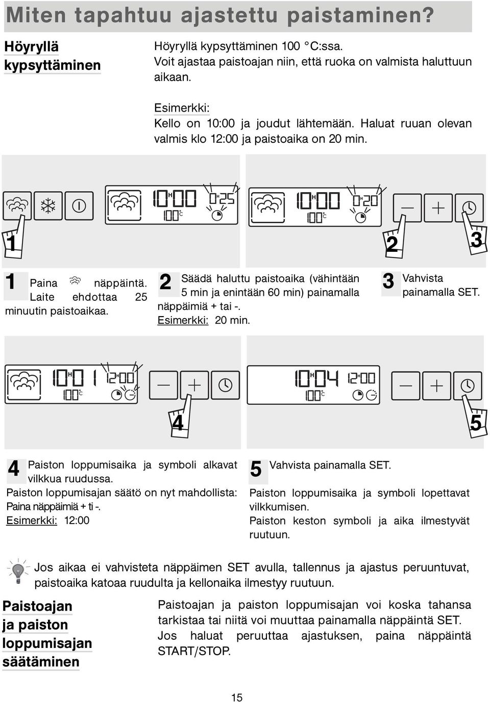 Säädä haluttu paistoaika (vähintään 5 min ja enintään 60 min) painamalla näppäimiä + tai -. Esimerkki: 20 min. Vahvista painamalla SET. 4 5 Paiston loppumisaika ja symboli alkavat vilkkua ruudussa.