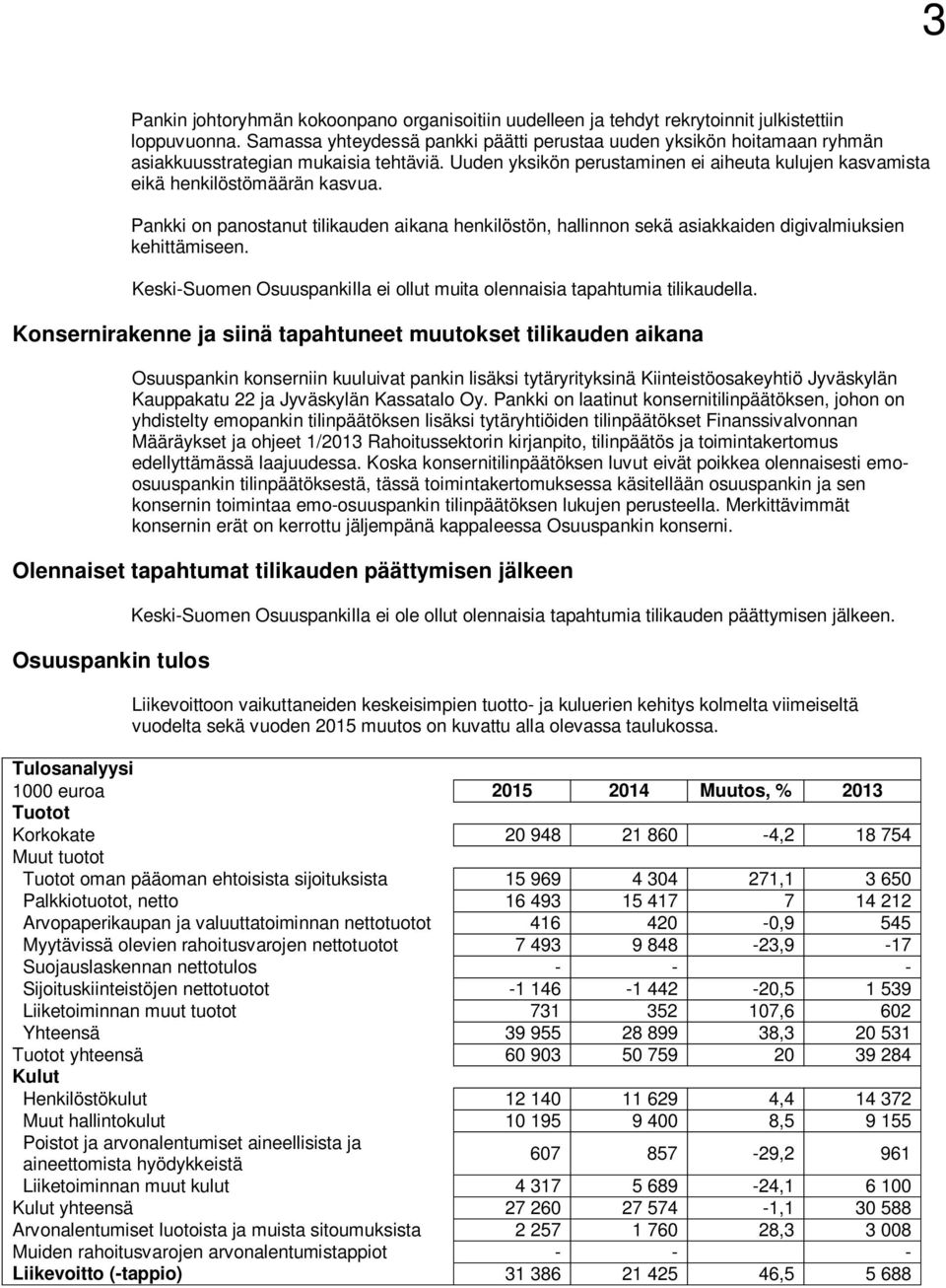 Pankki on panostanut tilikauden aikana henkilöstön, hallinnon sekä asiakkaiden digivalmiuksien kehittämiseen. Keski-Suomen Osuuspankilla ei ollut muita olennaisia tapahtumia tilikaudella.