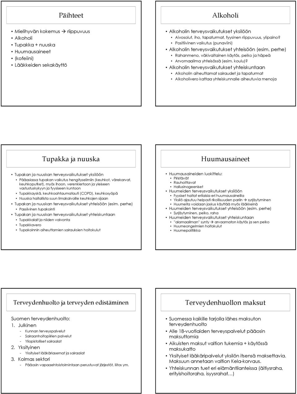 Alkoholin terveysvaikutukset yhteiskuntaan Alkoholin aiheuttamat sairaudet ja tapaturmat Alkoholivero kattaa yhteiskunnalle aiheutuvia menoja Tupakka ja nuuska Huumausaineet Tupakan ja nuuskan