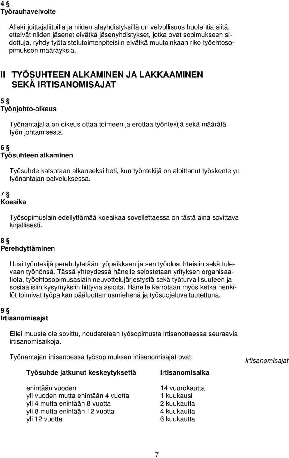 II TYÖSUHTEEN ALKAMINEN JA LAKKAAMINEN SEKÄ IRTISANOMISAJAT 5 Työnjohto-oikeus Työnantajalla on oikeus ottaa toimeen ja erottaa työntekijä sekä määrätä työn johtamisesta.